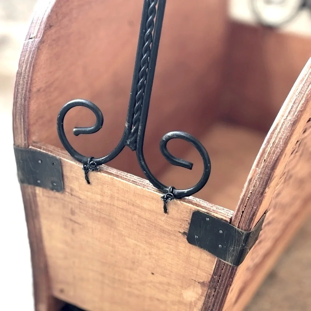 Woven Wooden Magazine Holder. 13”x13.5. Textured | Iron Accents | Vintage.